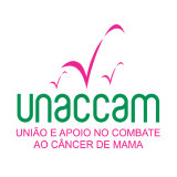 Logotipo da UNACCAM, com o texto "União e Apoio no Combate ao Câncer de Mama" em rosa e verde, junto com três marcas de verificação em rosa acima do nome.